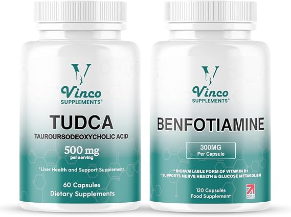 Vinco TUDCA Bile Salts & Benfotiamine Bundle | 60 + 120 Capsules | Supports High Strength Detox & Energy Capsules | Vegan, Gluten Free, Made in UK