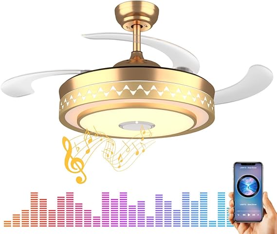 Retractable Blades Ceiling Fan with Lights and Bluetooth Speaker Dimmable Invisible Chandelier with Remote 7 Color Light Fandelier Ceiling Fan Light 6 Speed Living Room (42 inch Gold)