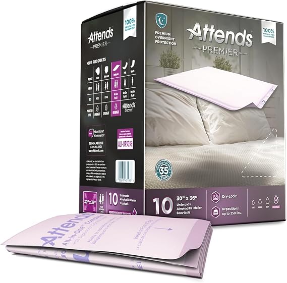 Attends Premier Disposable Underpads, 30"x36", Premium Overnight Absorbency, Breathable Backing, Keep Furniture Protected and Skin Dry, 60ct Case