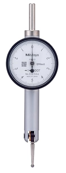 Mitutoyo 513-504 Pocket Type Dial Test Indicator, Basic Set, Horizontal Type, 0.375" Stem Dia., White Dial, 0-5-0 Reading, 1.3" Dial Dia., 0-0.01" Range, 0.0001" Graduation, +/-0.0002" Accuracy
