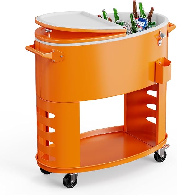 70 qt. Rolling Patio Cooler with Wheels, Insulated Cooler Cart for Outdoor BBQ, Pool Party, Camping, Ice Chest with Bottom Storage Tray & Bottle Opener