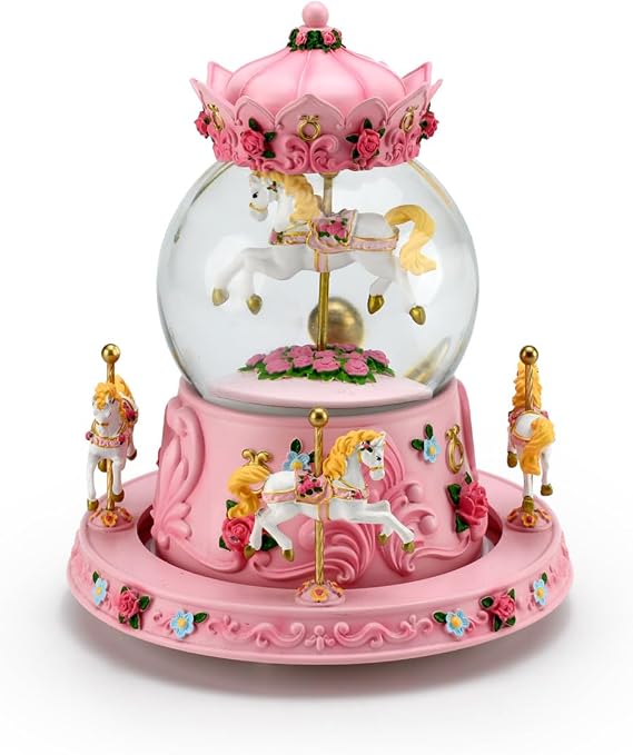 Stunningly Beautiful Animated Pink Roses and Carousel Horse Musical Snow Globe-Many Songs to Choose-Sleeping Beauty Waltz