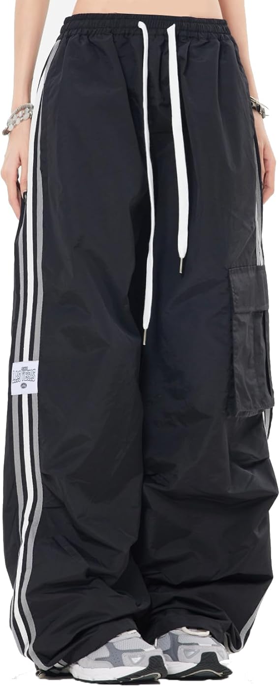 CEINOM Women Wide Leg Pants Loose Striped Sweatpants Parachute Pants Y2K Harajuku Cargo Pants Grunge Baggy Pants Alt Pants