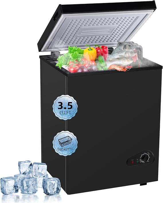 Geekman Chest Freezer 3.5 Cubic Feet Capacity with Removable Basket, Defrost Water Drain, 6 Level Adjustable Temperature, Energy Saving, and Top-Open Door for home, bar, office (Black)