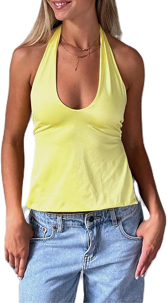 Women Sexy Open Back Halter Tank Top Solid Color Sleeveless Tie Back Crop Vest Bandeau Top Beach Shirt Clothes (Yellow, S)