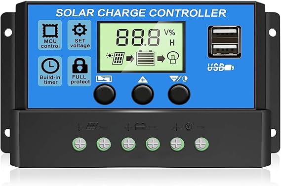 30A PWM Solar Charge Controller, 12V 24V Dual USB Solar Panel Battery Intelligent Regulator with LCD Display, Auto Parameter Adjustable, Timer Setting, Multiple Load Control Modes
