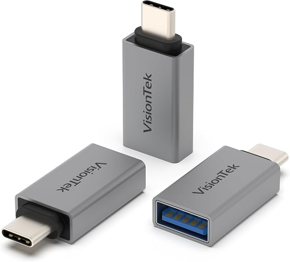 VisionTek USB C to USB A Adapter 3-Pack, 10Gbps USB 3.2 Gen 2, Aluminum Durable Design, Up to 15W Charging iPhone 17, 16, 15 Pro, MacBook Pro, iPad Pro, Dell XPS, Galaxy