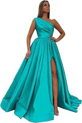 Chicbridal Womens One Shoulder Prom Dresses Satin Slit Evening Gowns Long Party Dresses Light Turquoise US4