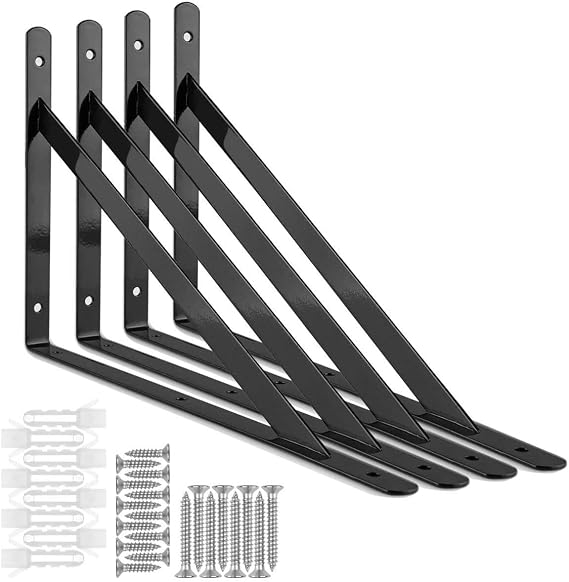 STARVAST 4 Pcs Heavy Duty Shelf Brackets, 300 x 190mm Floating Shelves Tripod Triangle Shelf Brackets, 90 Degree Angle Wall Mounted Shelf Supporter Bracket Frame, Black