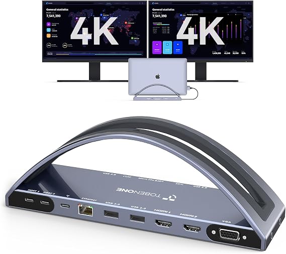 TobenONE USB C Docking Station Dual 4K Monitor for MacBook Pro/Air M4/M5, 13-in-2 Mac Docking Station Stand with 2 HDMI, VGA, 5 USB, 100W PD, Ethernet, SD/Micro SD, Audio (No Power Adapter Included)