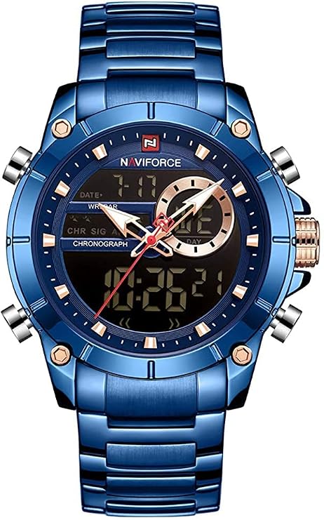 NAVIFORCE Men's Watches Dual Display Digital Quartz Watch Multifunction Business Stainless Steel Wrist Watch, Blue + Blue, Bracelet