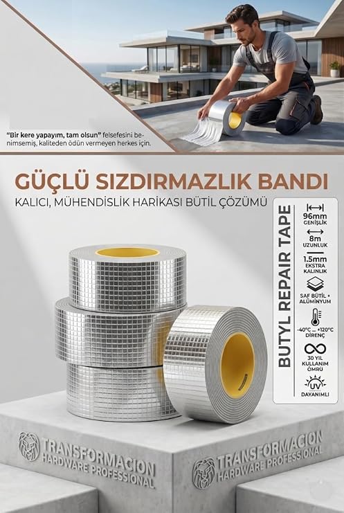 Transformacion Bütil Bant Güçlü Su Sızdırmaz İzolasyon Çatı Oluk Tamir Bandı Alüminyum 96 mmx 8 Metre 719666