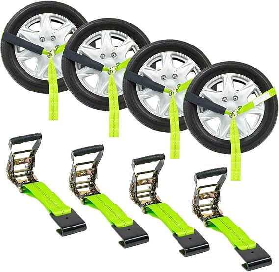4 Pack 2" x 96" Car Tie Down Straps for Trailer with Flat Hook - 3333 LB WLL Green High Viz Lasso Style Tire Straps with Ratchets