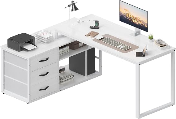 TRIUMPHKEY L Shaped Desk140x105cm With 3 Drawers, Reversible Computer Desk with Extra Storage Space, Adjustable Height Partitioned Storage Space, Corner Office Desk with charging outlets, White