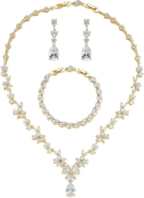 GULICX Wedding Jewelry for Bride, Silver Bridal Necklace Earrings Bracelet Set with Clear Cubic Zirconia, Bridemaids Jewelry Set for Wedding, Crystal Wedding Party Jewelry Set for Women Girls