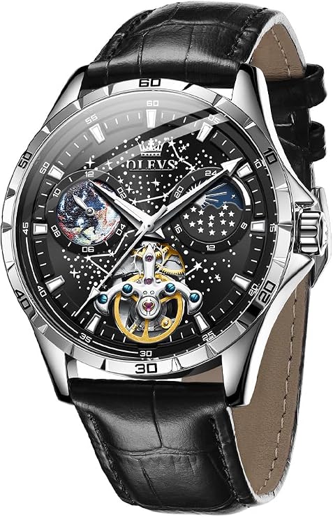 OLEVS Mens Leather Watches Automatic Mechanical Skeleton Tourbillon Diamond Luxury Self Winding Dress Wrist Watches Moon Phase Waterproof Luminous