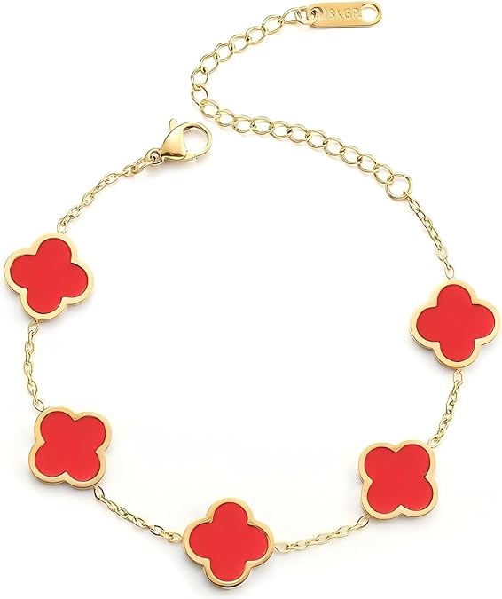 18K Gold Plated Clover Lucky Charm Bracelet for Women - Four Leaf Clover Jewelry Trendy Gift for Her Stainless Steel Fashion Bracelet Gift Set