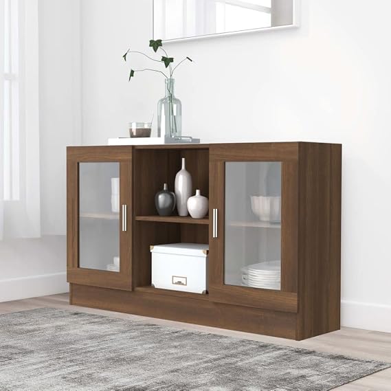 Mid Century Modern 47" Sideboard Buffet with Glass Doors & Shelves Brown Oak Storage Accent Cabinet for Kitchen Dining Room Living Room Entryway Coffee Bar Table for Home Furniture Decor