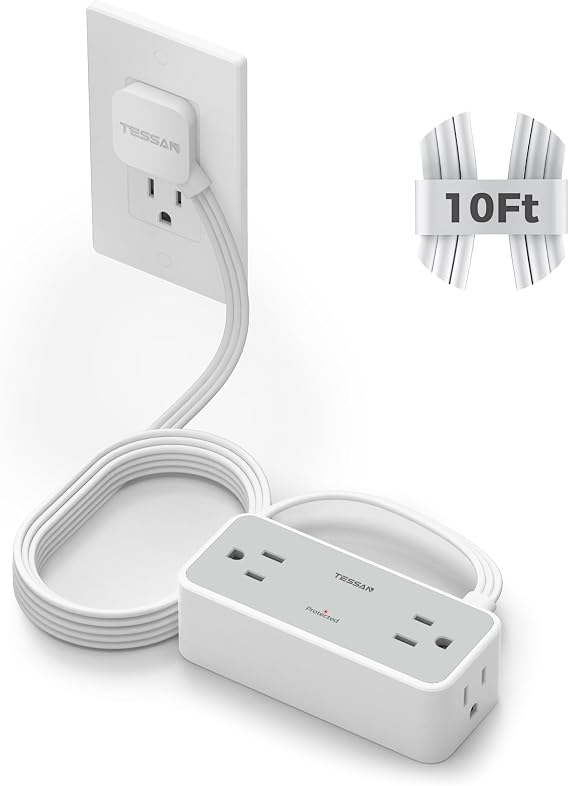 TESSAN Extension Cord 10 FT, Power Strip with 900J Surge Protection, Grey