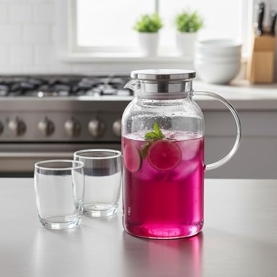 Deconox Borosilicate Glass Pitcher - Metal Lid with Silicone Seal Strainer | Tapered, Wick and Flat Model Options | Heat Resistant Transparent Caraf (1800 ml - 2000 ml) (FLAT - 1800ML)