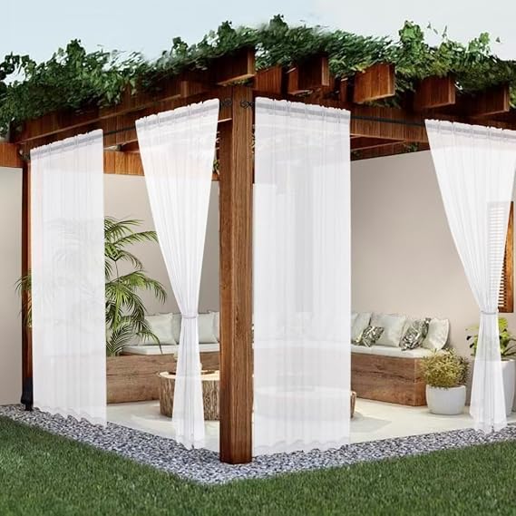 youleyar Sheer Outdoor Curtains for Patio Waterproof 4 Panels Linen Look Rod Pocket Indoor Ivory Voile Curtain for Living Room, Bedroom, Porch, Pergola, Cabana, Gazebo(52x84 Inch, White)