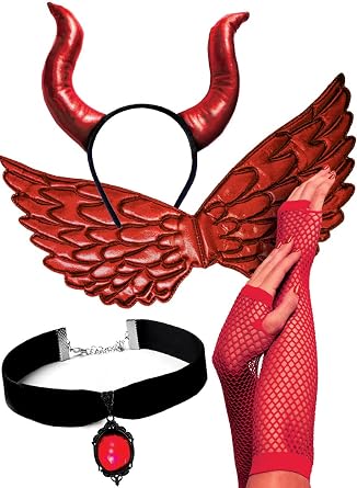 OLYPHAN Red Devil Costume for Women - Sexy Halloween Costumes Demon Horn Headband, Demonic Wings, Antique Like Pendant Collar Necklace, Lace Arm Sleeves Cosplay Costume Accessories 4 PC