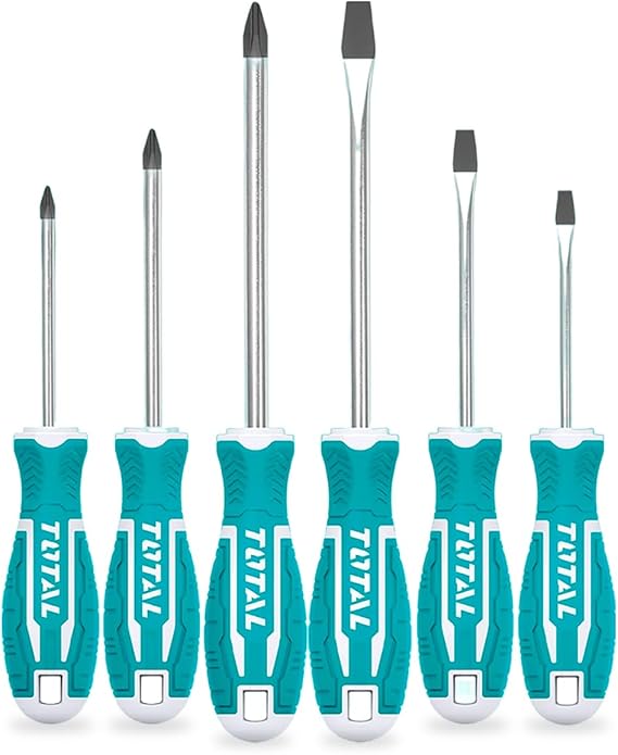TOTAL - Set aus 6 Schraubendrehern - 3 mit Flachspitze und 3 Phillips - Magnetische Spitze mit starkem Magneten - Bequem zu benutzen - Chrom-Vanadium