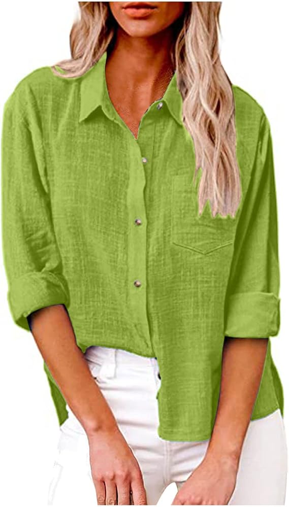 Women's Button Down Shirts Cotton Linen Long Sleeve Gauze Tops Dressy Casual Oversized Collared Work Office Blouses