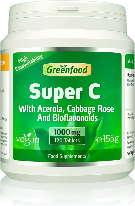 Greenfood Super C, 500 mg Vitamin C, high dose, 120 Tablets - with acerola, Wild Rose and bioflavonoids, contributes to the Maintenance of the Immune System. Without Artificial additives. Vegan.