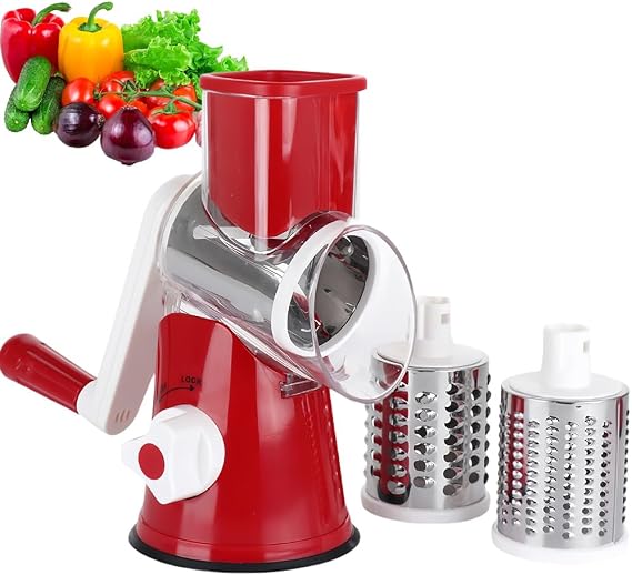 Cheese Grater Rotary, Rotary Grater for Kitchen, Kitchen Cheese Shredder Vegetable Slicer with 3 Drum Blades, Manuel Rotating Cheese Grinder for Vegetables and Nuts