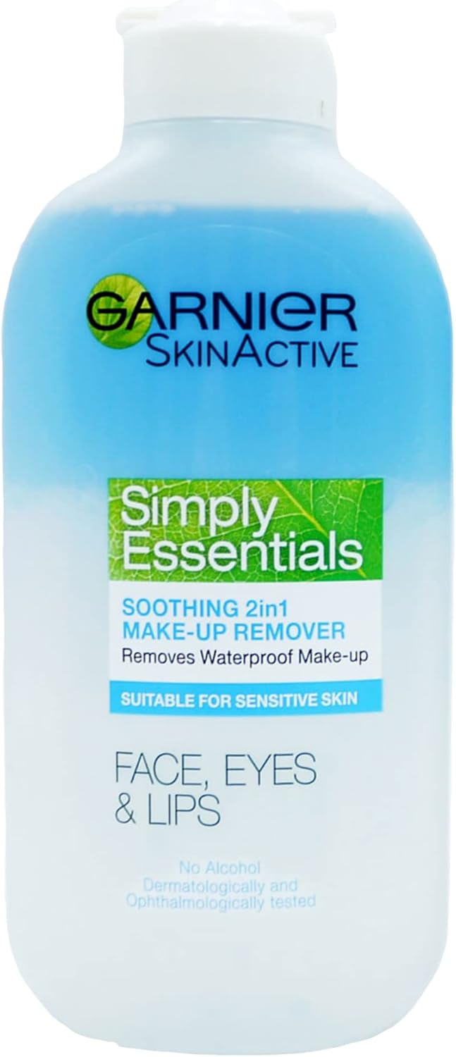 Garnier Simply Essentials Soothing 2-in-1 Makeup Remover, Bi-Phase Oil and Water Cleanser with Pro-Vitamin B5 to Gently Remove Waterproof Makeup Without Rubbing or Alcohol, 200ml