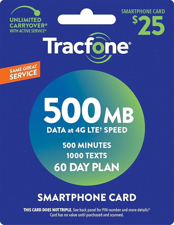 Tracfone $25 500 Min, 1000 text, 500MB Data 60Day Plan [Physical Delivery]