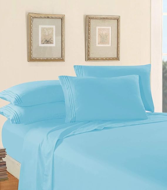Elegant Comfort Luxury Bed Sheet Set on Amazon Three-Line Design 1500 Premier Hotel Quality Wrinkle and Fade Resistant 4-Piece Bed Sheet Set, Deep Pocket, Twin, Aqua Blue