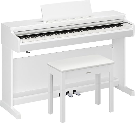 Yamaha Arius Series 88-Key Weighted Digital Piano Keyboard, Full Size, GrandTouch-E Action, CFX Concert Grand Piano Sound, 3-Pedal Unit, Bench Included, Classic Upright Design in White YDP-166WH