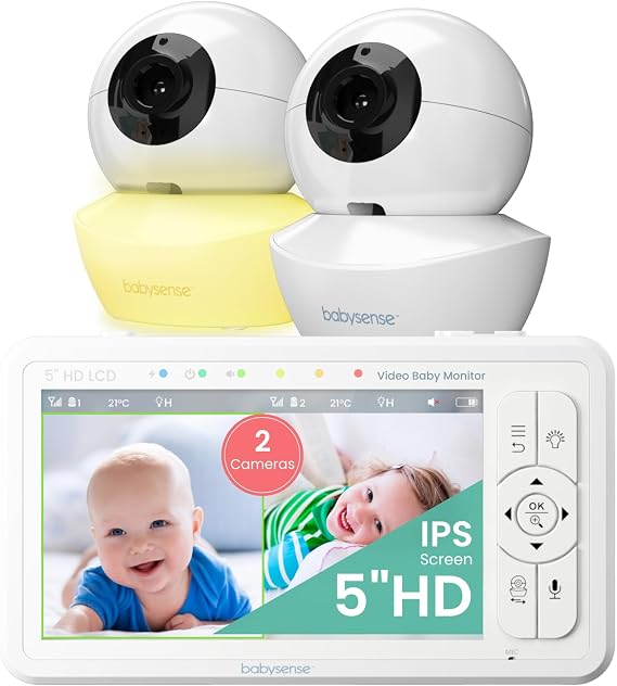 Babysense 5" HD Non WiFi Split-Screen Baby Monitor, Video Baby Monitor with 2 Cameras and Audio, Night Light, 1000ft Range, Two-Way Audio, 4X Zoom, Night Vision, 4000mAh Battery