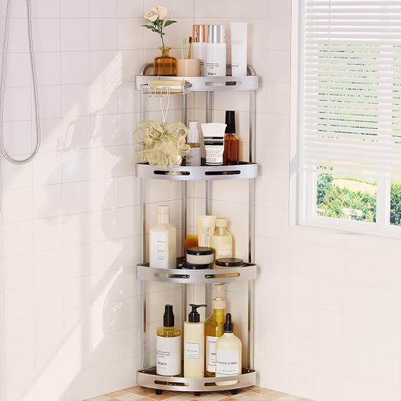 Corner Shower Caddy, 4 Tier Standing Shower Organizer with Soap Holder, Rustproof Stand Shower Shelves for Bathroom Shampoo Storage, Silver