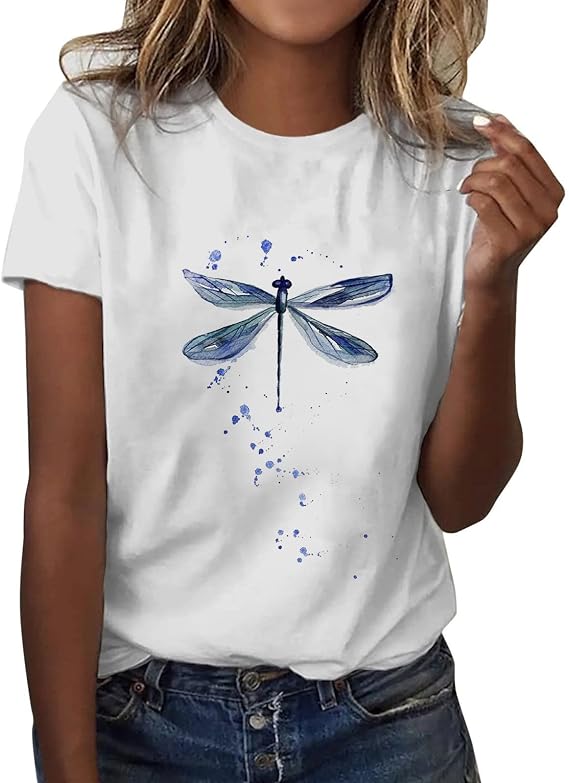 Women's Plus Size Summer Loose Tee Shirt Women's Short Sleeve Dragonfly Print T-Shirts Ladies Casual Round Neck Loose Breathable Shirt Elegant Top Cotton T Shirt, Marine, XL