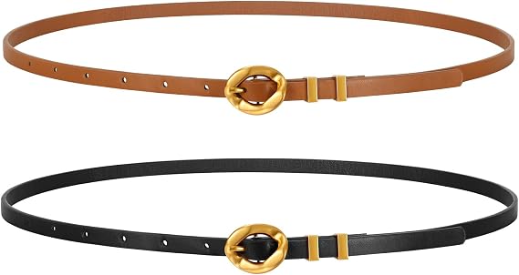 LEACOOLKEY Women Skinny Belts 0.39 Inch Wide 2 Pack Thin Leather Belts for Dresses Jeans Cardigans