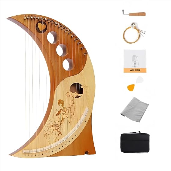 19-String Lyre Harp Kit - Ergonomic Lap Harp Instrument with Tuner& Picks | Moon Design, Traditional Classic Stringed Instruments (Brown)