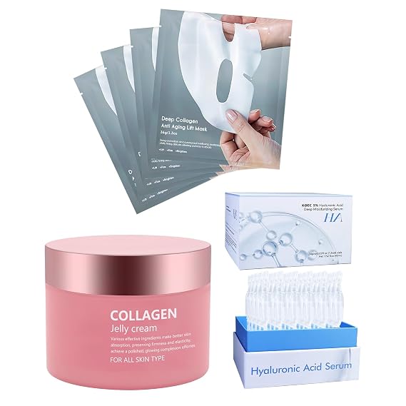 Collagen jelly cream,improves dull skin, collagen mask,enhances elasticity, reduces fine lines and wrinkles,5% hyaluronic acid serum hydration and moisturizing, repairs sensitive skin, three-piece set