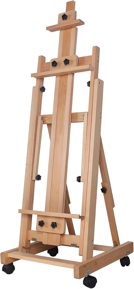 H-Frame Studio Easel, Adjustable Beech Wood Artist Stand with 4 Casters