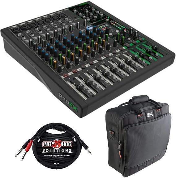 Mackie ProFX12v3+ 12-Channel Analog Mixer with Built-In FX, USB Recording, and Bluetooth Bundle with G-MIXERBAG-1515 Padded Nylon Mixer/Equipment Bag and Stereo Breakout Cable 10'