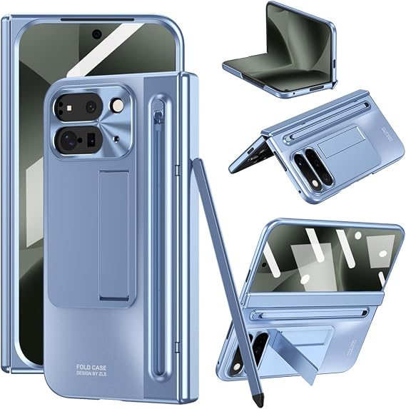 Google Pixel 11 Pro用 フォールドケース ペンホルダー&スタイラス付き、ヒンジプロテクター付きオールインクルーシブフォンケース、スクリーンプロテクター、キックスタンド、Google Pixel 11 Pro用スリム保護ケース フォールドブルー