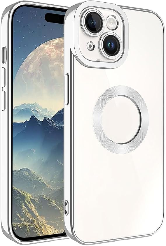 GGM GİYİM & AKSESUAR iPhone 15 Plus ile Uyumlu Laser Şeffaf Parlak Arka Yüzey Ve Logo Detaylı Kenarları Silikon Yapıya Sahip Lens Koruyuculu Kılıf (Gümüş Rengi)