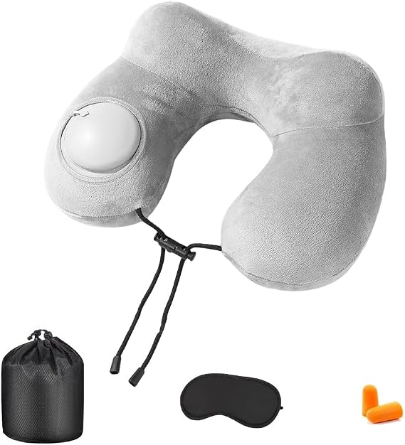Omnpak Inflatable Travel Neck Pillow for Airplane, Traveling, Cars and Offices Blow Up U Shaped Travel Pillow with Soft Velvet Washable Cover Compact Bag