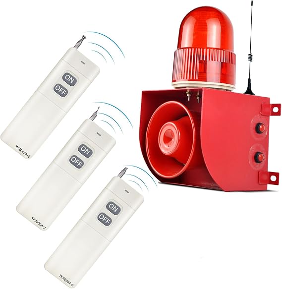 2000m Outdoor Wireless Remote Control Siren Alarm with Strobe Light 120dB Horn 9 Tones Adjustable 3 Remote Control, Waterproof 25 Watts AC100-120V