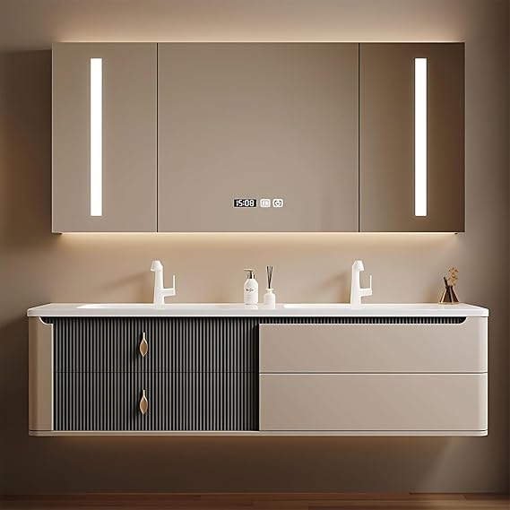 Double Sink Bathroom Vanity, 88" Bathroom Vanity Wall Mount, Elegant Bathroom Vanity Set Includes Anti-Fog Mirror Cabinet and Undersink Cabinet, Solid Wood Floating Vanities Furniture for Bathroom
