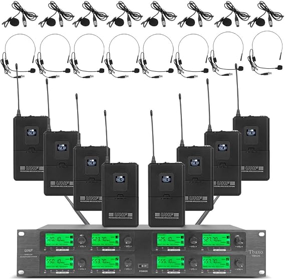 Wireless Microphone System UHF 8 Channel 8 Lavalier Bodypacks 8 Lapel Mic 8 Headsets for Karaoke System Church Speaking Conference Wedding Party