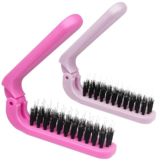 2 Pack Foldable Boar Bristle Brush, 3.7" Hot Pink Light Pink