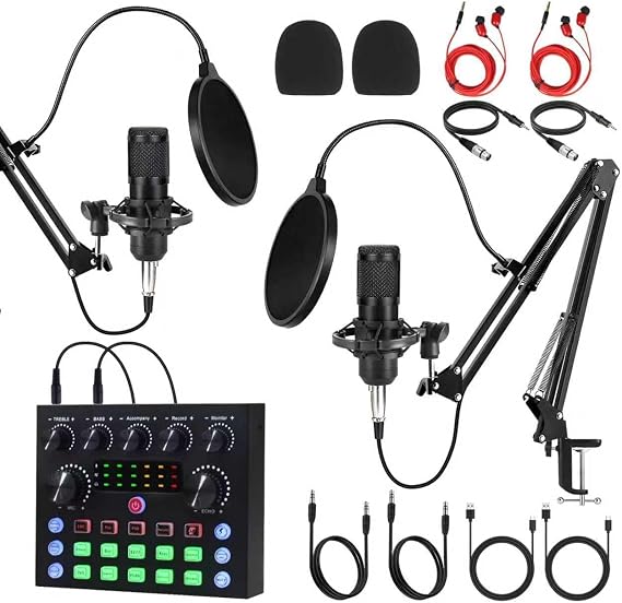 Podcast Equipment Bundle for 1, Studio Recording Kit with Condenser Mics, Bluetooth Sound Card, DSP Effects, Real-Time Monitoring, Plug & Play for Streaming, Singing, Gaming, (Black, 2 Packs)